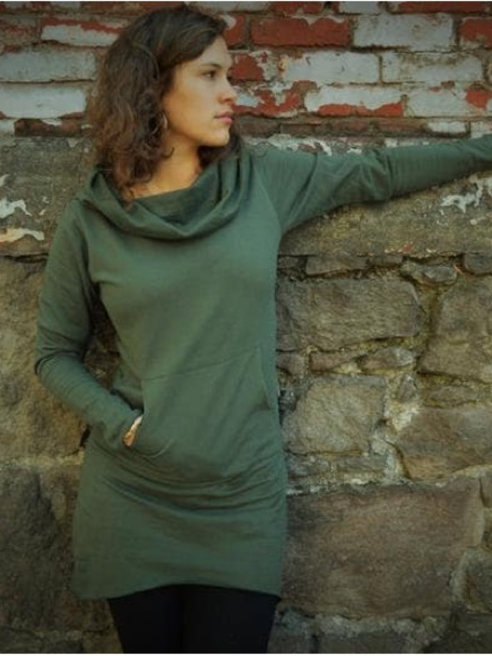Nomad Dress by Una Pluma in Olive Green Cute Hooded Tunic - Small NWOT